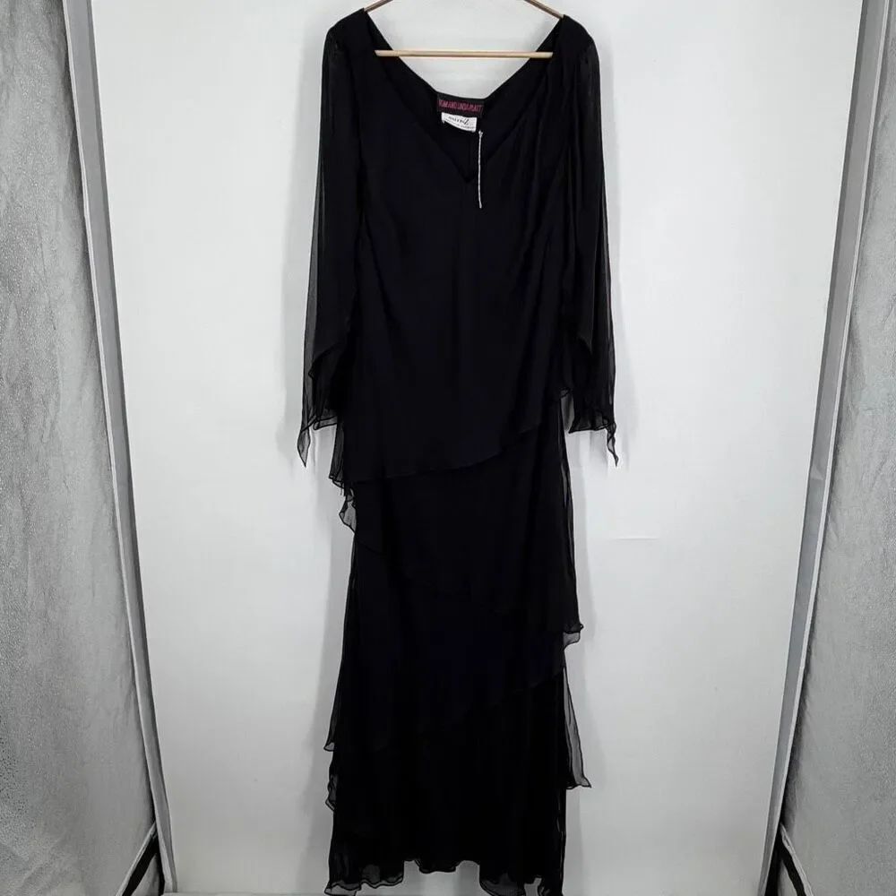 Tom & Linda Platt Black V-neck Silk Chiffon Diagonal Tiered Gown 1X